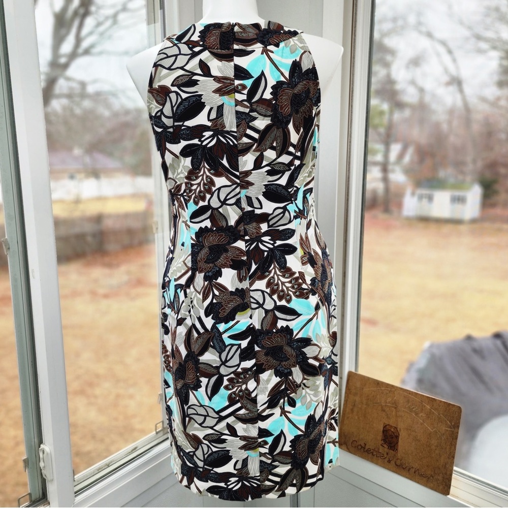 Wood Beads Studded Halter Sleeves Brown Floral Print Knee Length Sheath Dress - Picture 2 of 12